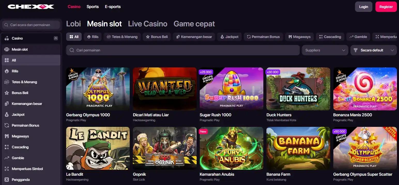 Grid slot dan filter provider pada lobby CHEXX