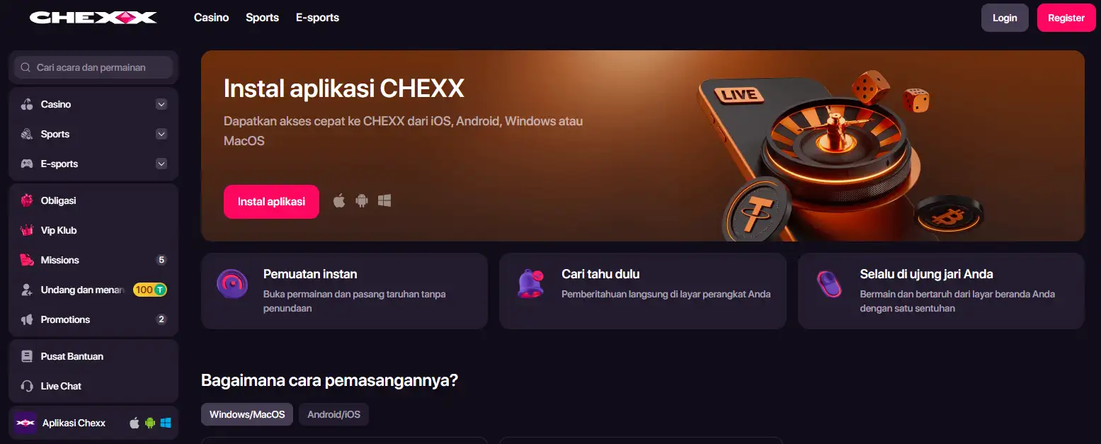 Halaman mobile CHEXX yang menampilkan opsi akses aplikasi dan PWA
