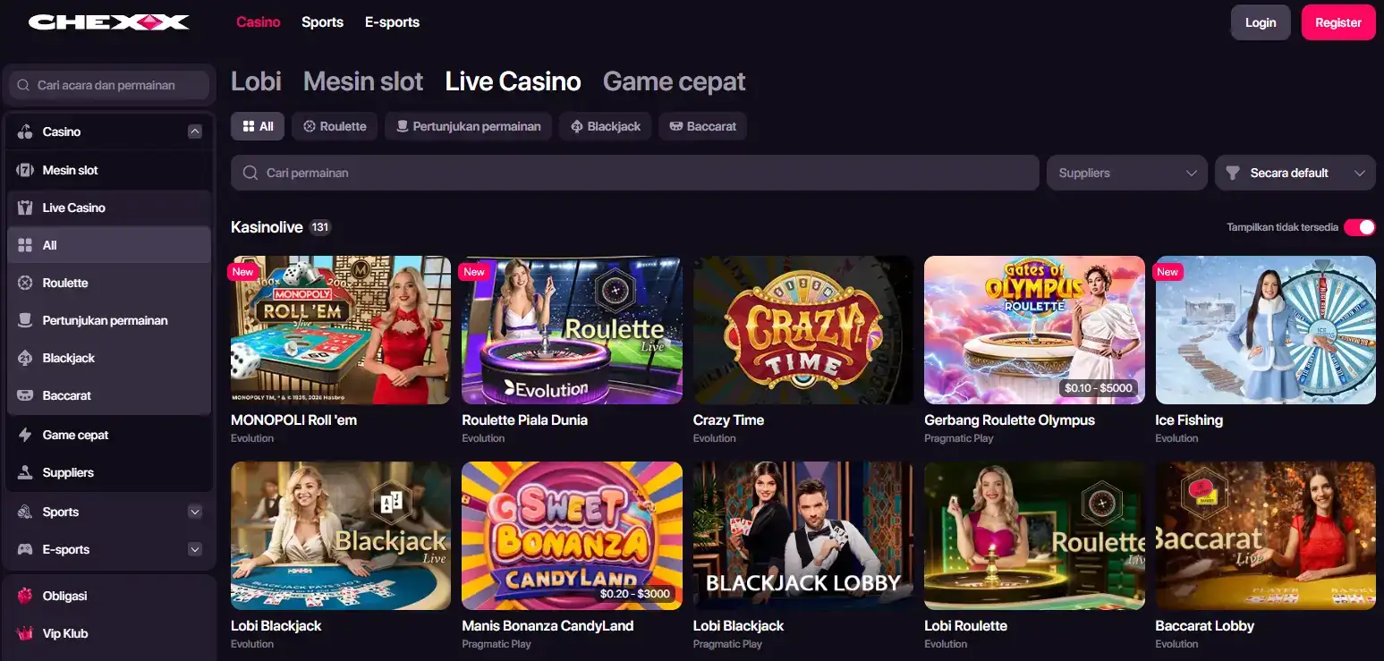 Lobby Live Casino CHEXX dengan kategori meja live dan game show
