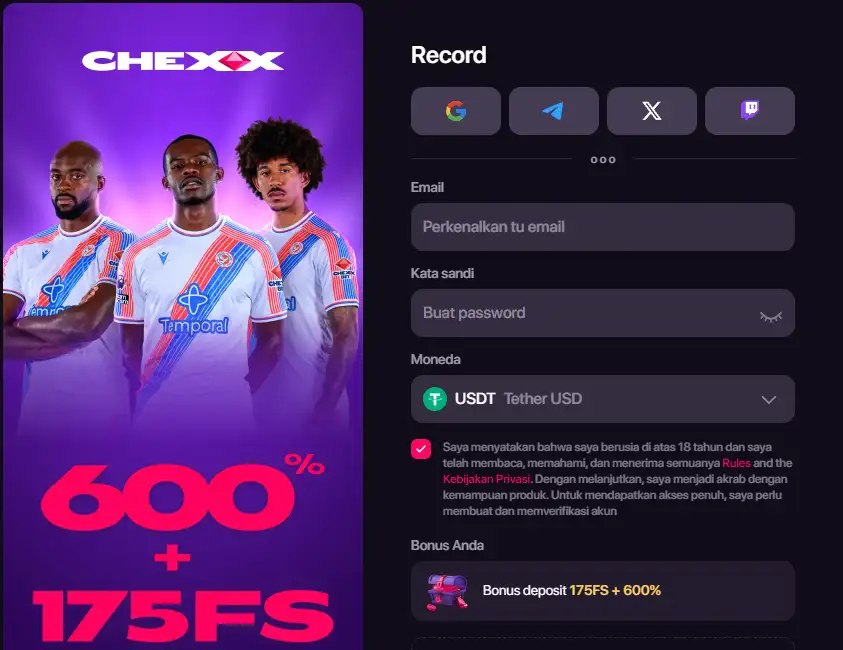 Layar registrasi atau account entry CHEXX tanpa data pengguna