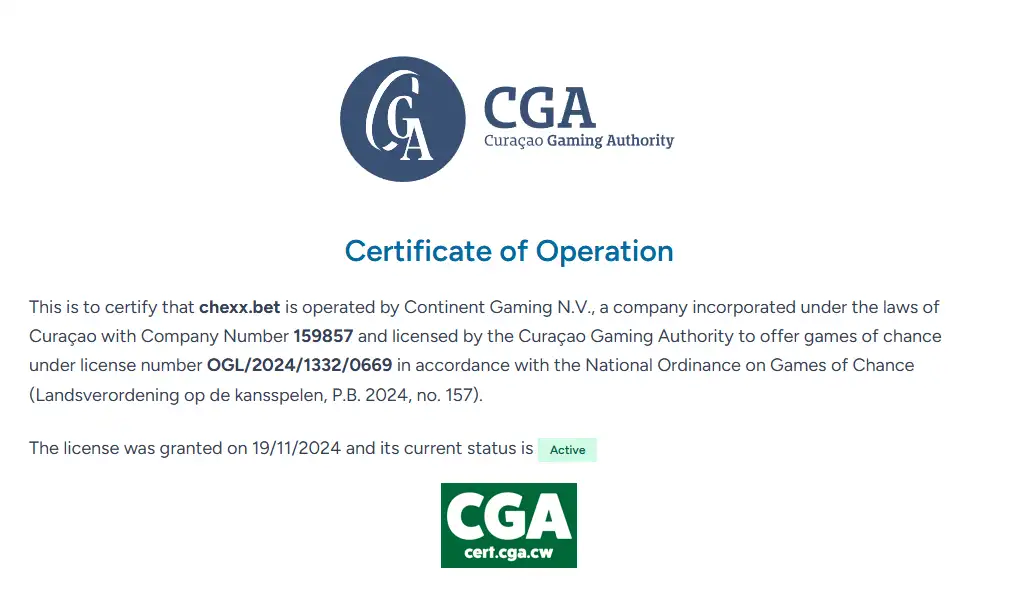 Rekaman sertifikat operasi CHEXX pada register Curaçao Gaming Authority