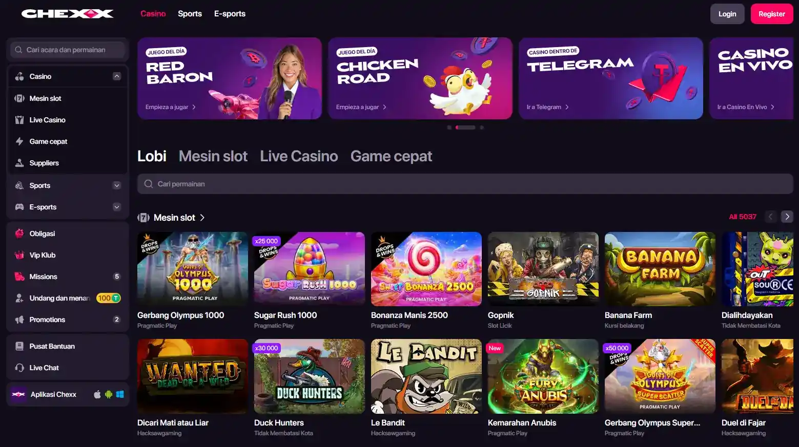 Lobby game CHEXX dengan kategori Slots, Live Casino, Fast Games, dan Providers