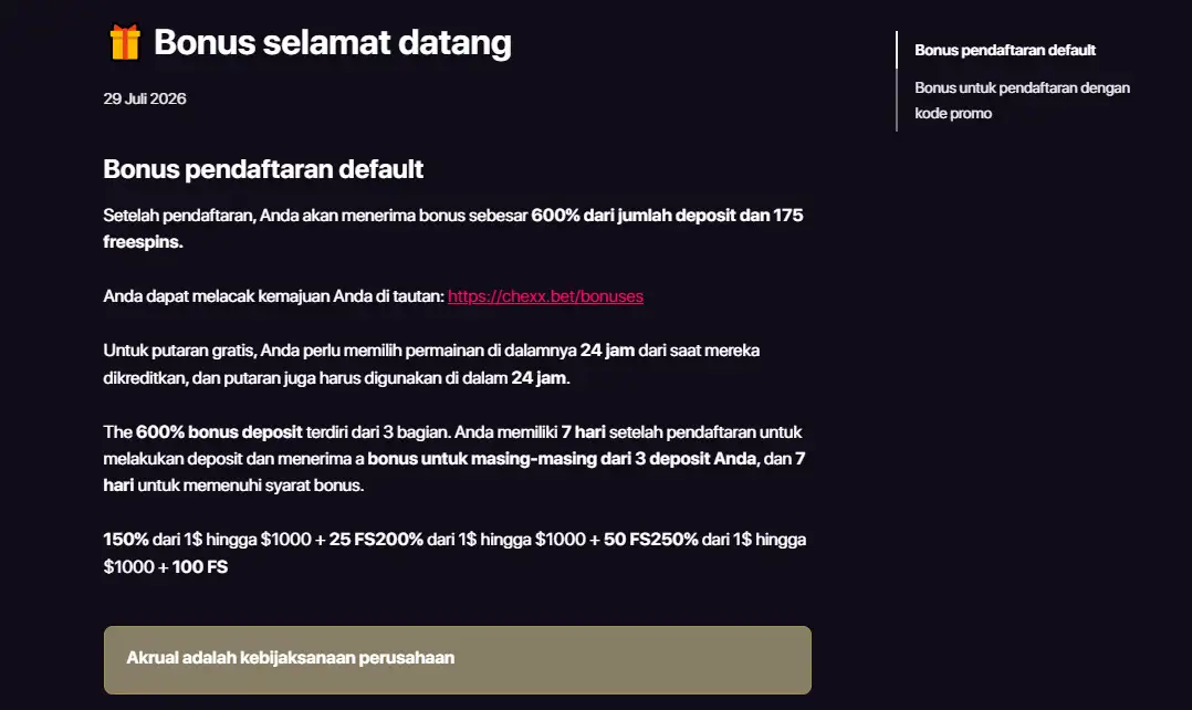 Tampilan resmi welcome bonus CHEXX dengan tiga tahap bonus deposit dan free spins