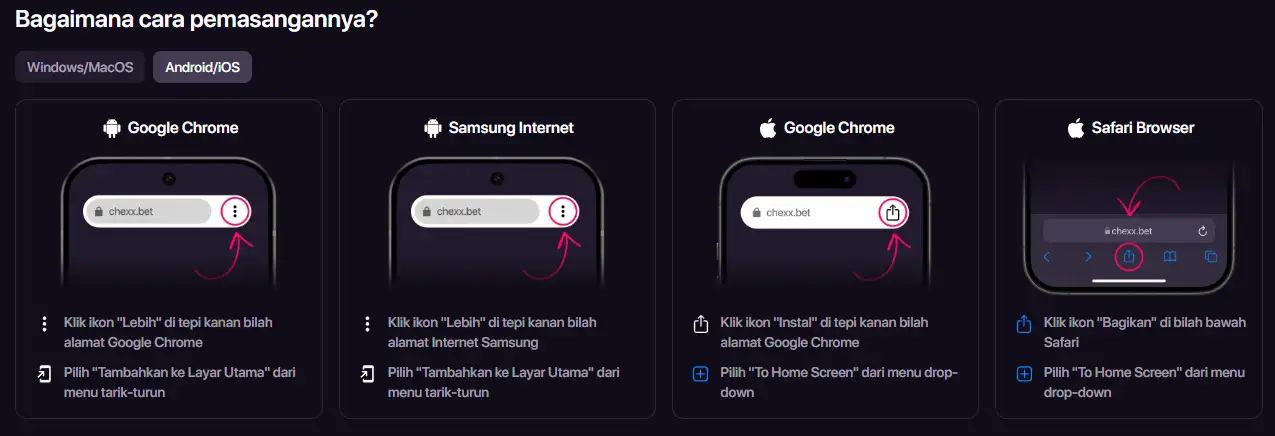 Instruksi instalasi PWA CHEXX di browser